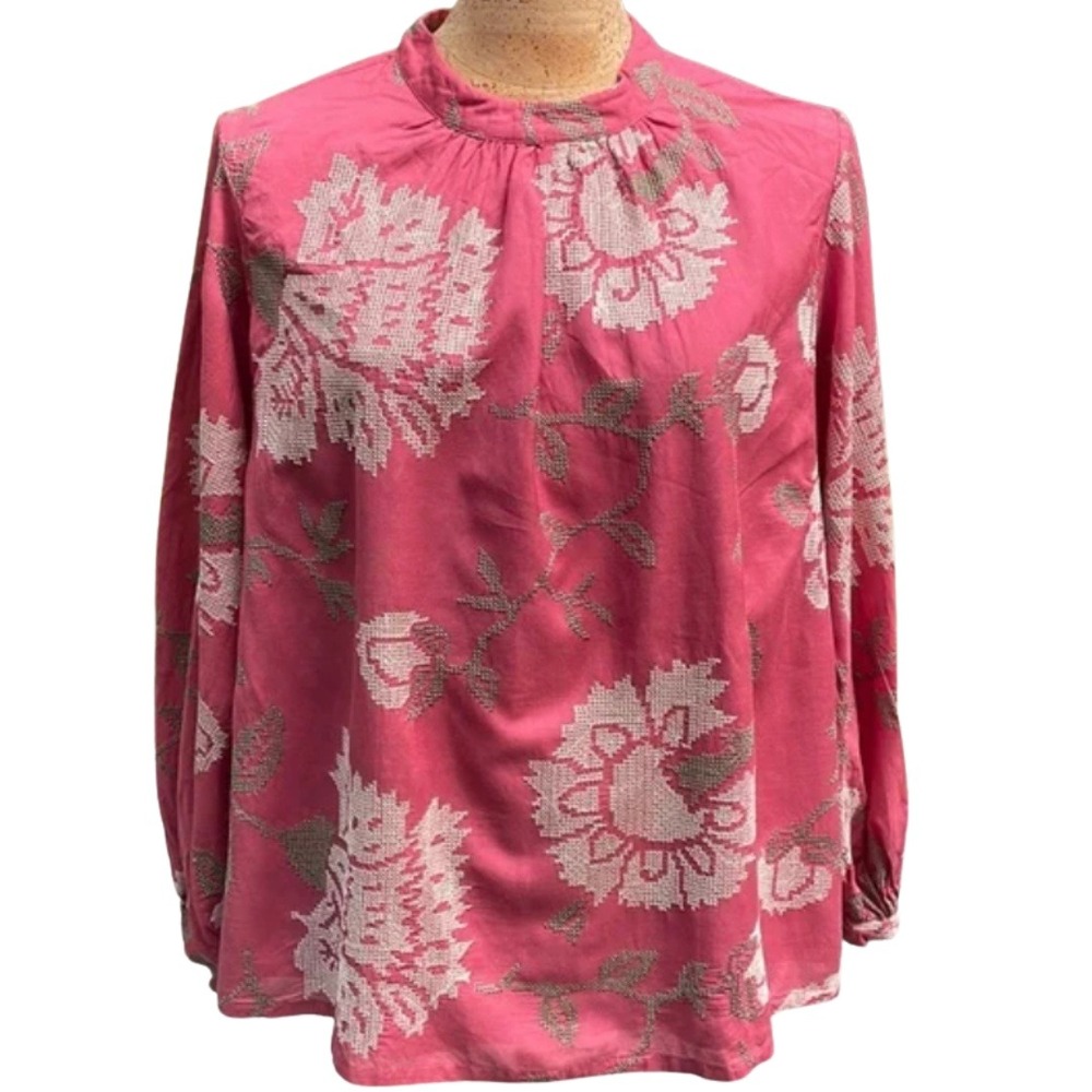 Anthropologie Payal Pratap Embroidered Floral Blouse Sz‎ 4 Rust Long Sleeve Boho
